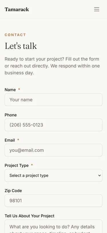 Contact page on mobile