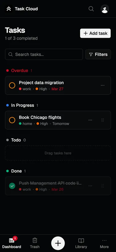 Task Cloud mobile dashboard